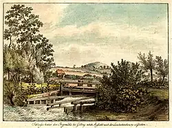 Blick von Ferne (von Nordwesten) durchs Leinetal mit im Hintergrund der Landwehrschenke, im Vordergrund das Leine-Wehr an der Stegemühle (aquarellierte Radierung von Christian Andreas Besemann, um 1795/1800)