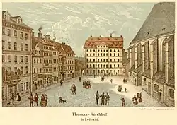 Der südliche Thomaskirchhof mit Thomasschule und Thomaspförtchen 1850