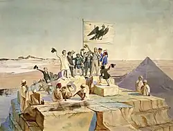 Die preußische Expedition unter Richard Lepsius feiert den Geburtstag König Friedrich Wilhelms IV. auf dem Gipfel der Cheops-Pyramide am 15. Oktober 1842