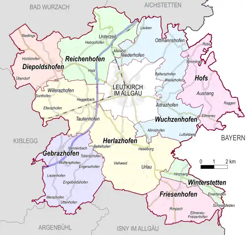 Grafik mit den Ortschaften und Stadtteilen der Stadt Leutkirch im Allgäu