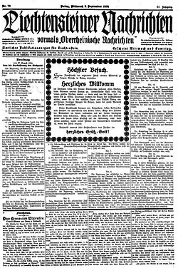 Fotografie der Titelseite der Erstausgabe der Liechtensteiner Nachrichten vom 3. September 1924.