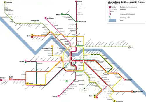 Liniennetzplan der Straßenbahn Dresden