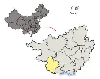 Lage von Chongzuo (gelb) in Guangxi