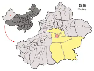 Lage von Korla im Bezirk Bayingolin in Xinjiang