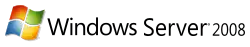 Versionslogo: links das neue stilisierte Windows-„Fenster“ im Design von Windows XP, jedoch statt der 3D-Struktur ein zur Mitte aufhellender kreisförmiger Verlauf, rechts daneben der Schriftzug "Windows Server 2008 (R)" im Design von Windows 2000