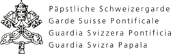 Grafische Darstellung des Logos mit zwei sich kreuzenden Schlüsseln, die mit Kordeln verbunden sind, und einer Papstkrone. Rechts steht „Päpstliche Schweizergarde. Garde Suisse Pontificale. Guardia Svizzera Pontificia. Guardia Svizra Papala“.