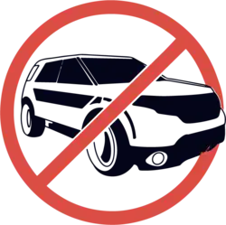 Eine Zeichnung eines SUVs, welche mit einem roten Balken durchgestrichen ist