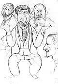 Die Karikatur von Lovis Corinth: Friedrich Wahle, Benno Becker, Lovis Corinth, Hermann Eichfeld (von links nach rechts)