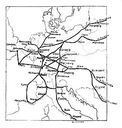 Netz der Luxuszüge mit Streckenanteil in Deutschland (Stand 1910)