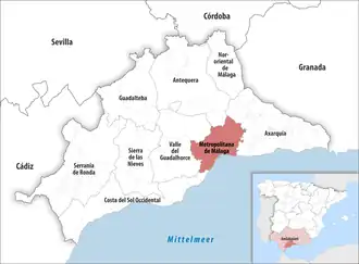 Die Lage der Comarca Metropolitana de Málaga in der Provinz Málaga