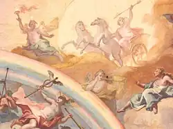 Helios im Sonnenwagen, begleitet von Phosphorus (Fackel), Hermes (Flügelhelm) und anderen; Fresko von J. B. Zimmermann, Schloss Nymphenburg, München, 17. Jahrhundert.