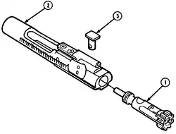 Verschluss des M-16: 1: Verschlusskopf 2: Verschlussträger 3: Steuerbolzen