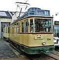 Triebwagen 734 vor dem Straßenbahnmuseum Dresden, November 2015