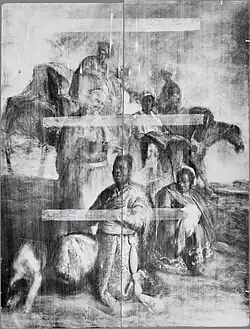 Infrarotfotografie (links) und Röntgenaufnahme, vor der Restaurierung 1976, die drei Holzleisten sind auf der Rückseite aufgeklebt