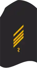 Dienstgradabzeichen eines Stabsgefreiten SanOA (Laufbahnabzeichen Zahnmedizin) auf dem Oberärmel des dunkelblauen Hemdes für Marineuniformträger
