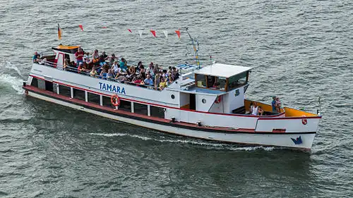 Die zwischen Schierstein, der Insel und Biebrich verkehrende Personenfähre Tamara