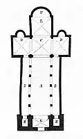 Langhaus mit Mittelschiff (A), Seitenschiffen (B), Vierung (C), Querschiff (D), Chor (E) und Apsis (F)