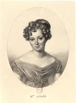 Foto der Gravur von Mademoiselle Anaïs hat lockiges Haar und trägt ein Kleid mit einem drapierten Ausschnitt. Das Porträt hat eine ovale Form und befindet sich in einem Rahmen. Am unteren Rand des Bildes ist ein Text zu erkennen, und darunter steht der Text „Mlle M. Anais“.