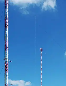 Dachkapazität (horizontales Seilfeld zwischen den Mastspitzen) der Sendeanlagen in Mainflingen