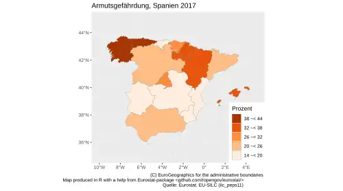 Die Karte zeigt die Armutsgefährdungsquoten in Spanien. Die höchste Armutsgefährdung findet man in Galicien und Asturien. Die niedrigsten Armutsgefährdungsquoten weisen Estremadura, Kastilien-La Mancha, Murcia und die Valencianische Gemeinschaft auf.