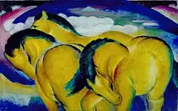 Franz Marc: Die kleinen gelben Pferde, 1912. Die Farben sind individuelle Symbolfarben des Künstlers. Gelb symbolisiert das weibliche Prinzip, Heiterkeit, Sanftheit und Sinnlichkeit. Blau steht für das männliche Prinzip, Herbheit und Vergeistigung.