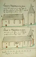 Die Kirche 1722 und 1732, der Turm vor der 1732er Erhöhung und Krönung mit Zwiebelhaube.[8]