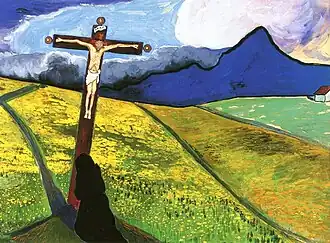 Marianne von Werefkin: Gemälde Kreuz in Landschaft, 1909