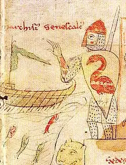 Markward von Annweiler mit einem Normannenschild samt Wappen (Liber ad honorem Augusti sive de rebus Siculis, 1196)