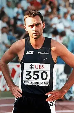 Mathias Rusterholz am Start über 400 m am Meeting «Weltklasse Zürich» im Jahr 2000