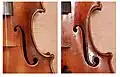 Detailvergleich der F-Löcher einer sächsischen Manufaktur Violine aus dem Vogtland um 1920 (links) mit denen einer Violine von Mathias Heinicke aus dem Jahre 1921 (rechts)