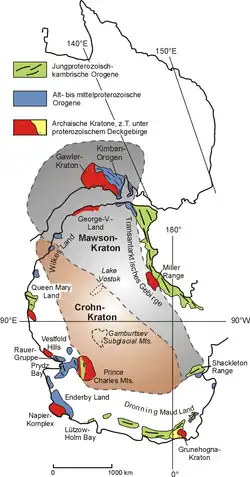 Vereinfachte geologische Karte des ostantarktischen Mawson-Kratons und dem australischen Grawler-Kraton