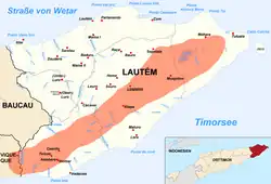 Links eine Karte der ursprünglichen Verbreitung von McCords Schlangenhalsschildkröte auf Roti. Der Typusfundort von C. m. mccordi liegt in Busalangga, im Zentrum der Insel (orange). Der Typusfundort von C. m. roteensis befindet sich im Nordosten am Danau Oendui, auf der Tapuafu-Halbinsel.[2] Rechts eine Karte der Gewässer und Orte in der Gemeinde Lautém (Osttimor) mit der vermuteten Verbreitung von McCords Schlangenhalsschildkröte (orange). Der Typusfundort von C. m. timorensis liegt am Westufer des Sees Ira Lalaro. Sie lebt auch in den Nebenflüssen des Sees und am Irebere im Verwaltungsamt Iliomar im Südwesten.[3]