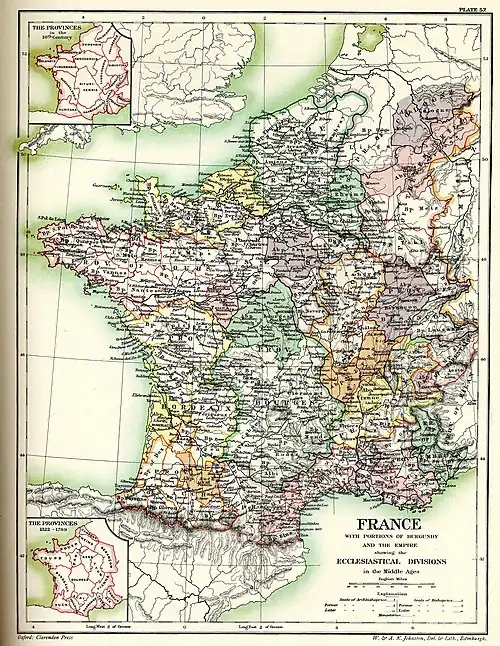 Kirchliche Einteilung Frankreichs im 10. Jh., auch Gebiete, die damals zum Heiligen und Römischen Reich gehörten