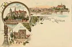 Ansichtskarte Nr. 19 von 1897 mit Ansichten von Meißen, unter Mitwirkung der Kunstanstalt J. Miesler Berlin