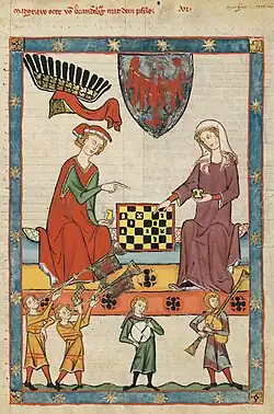 Bedeutungsperspektive. Die Schach spielenden Damen sind größer dargestellt als die Musiker. Manessische Liederhandschrift, zwischen 1305 und 1340.