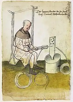 Der Drahtzieher Dietrich Schockenzieher, um 1425. Der mechanische Drahtzug war eine bahnbrechende Nürnberger Erfindung des 14. Jahrhunderts.