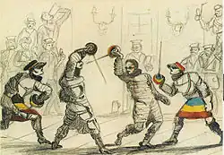 Drawing of student fencing in the Aumühle near Würzburg, Corps Moenania (left) vs. Landsmannschaft Makaria (right)