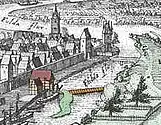 Darstellung eines Stegs über die Fulda von der Graumühle zum Tanzwerder, Merian um 1654