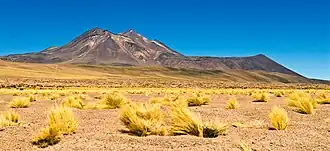 Blick auf die Nordwest-Seite des Miñiques bei der Umfahrung des Bergs über die Straße Ruta 23 von Socaire zur chilenisch-argentinischen Grenze.