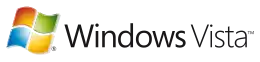 Versionslogo: links das Windows-„Fenster“ im Design von Windows XP, jedoch zur Mitte hin aufhellender Verlauf („blendendes“ Fensterkreuz); rechts daneben der Schriftzug „Windows Vista (TM)“ in serifenloser Schrift („Windows“ fett, jedoch ganzer Schriftzug in dünn gehaltenen Linien)