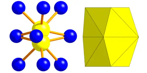 Milaritstruktur: B-Position links: Atome (Gelb: aufgespaltene Kationenposition, Blau: Sauerstoff) Rechts: Koordinationspolyeder