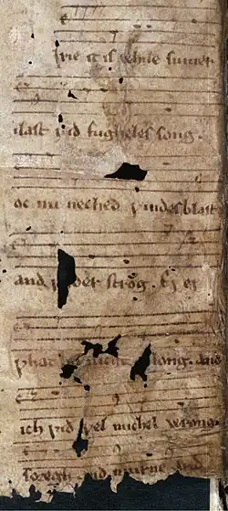 Detailfoto einer Pergamentseite mit Notation und Liedtext