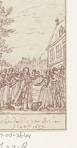 Misshandlung von Andries de Graeff durch eine aufgehetzte Volksmenge (Grafik von Simon Fokke)