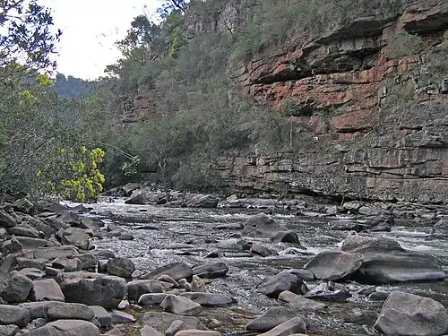 Blick flussaufwärts des Mitchell River in der Nähe des Zuflusses de Woolshed Creek im Mitchell River National Park