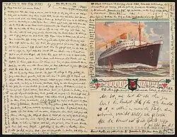 Max Mohr an seine Frau Käthe und seine Tochter Eva am 20. November 1934 auf einer Menükarte des Dampfers Bremen