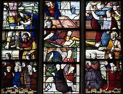 Schlafende Wächter am Grab, unten Stifter mit ihren Patronen