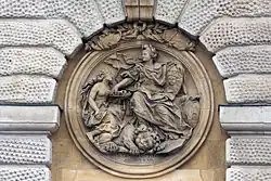 Die Eroberung von Namur 1692. Die vor dem siegreichen König kniende Niederländische Republik reicht ihm die Schlüssel zur Stadt. Zu seinen Füßen liegt ein besiegter Löwe, wie man ihn auch im Wappen der Niederländischen Republik findet.