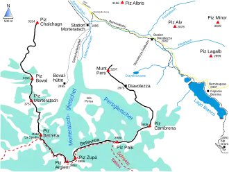 Umgebungskarte (Stand 2009): Morteratsch- und Persgletscher; im Zentrum der Karte die Diavolezza