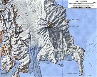 Topografische Karte des Campbell-Gletschers und seiner Gletscherzunge zwischen der Deep Freeze Range (links) und Mount Melbourne (rechts)