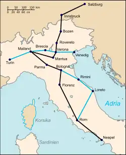 Mozarts erste Italienreise (eingezeichnet sind die heutigen Grenzen): Schwarz: Reiseroute Salzburg – Neapel Blau: Abweichungen auf der Rückroute, eingezeichnet sind die heutigen Grenzen